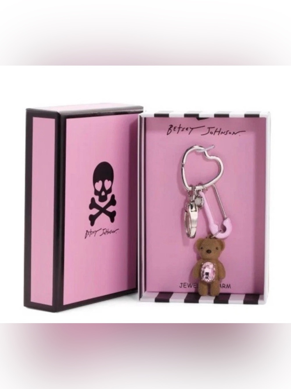 New Betsey Johnson Pink Crystal Teddy Bear Bag Charm Keychain w/ Heart NIB